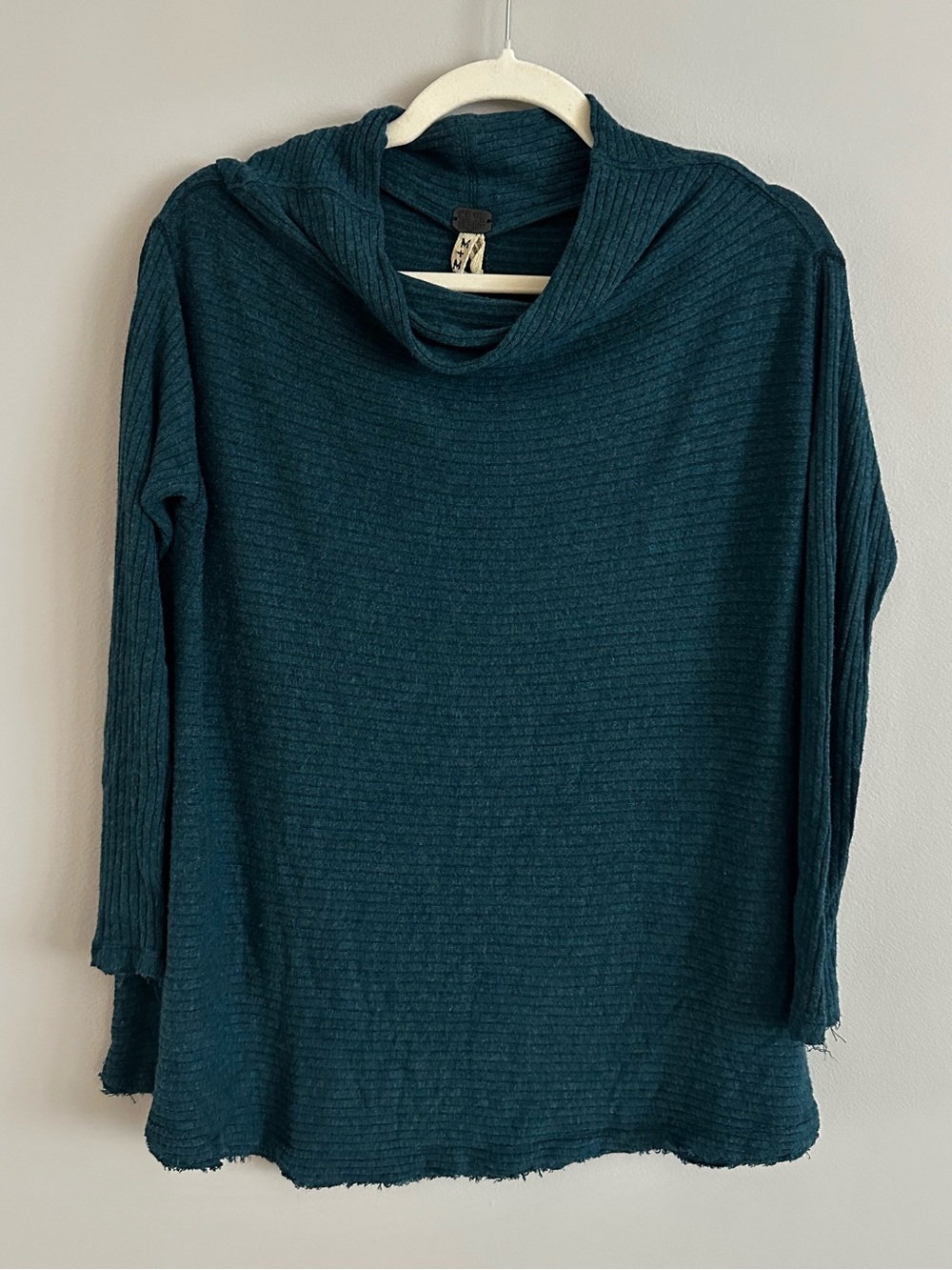 We The Free Cowl Neck Split Back Ribbed Sweater Top Teal Medium